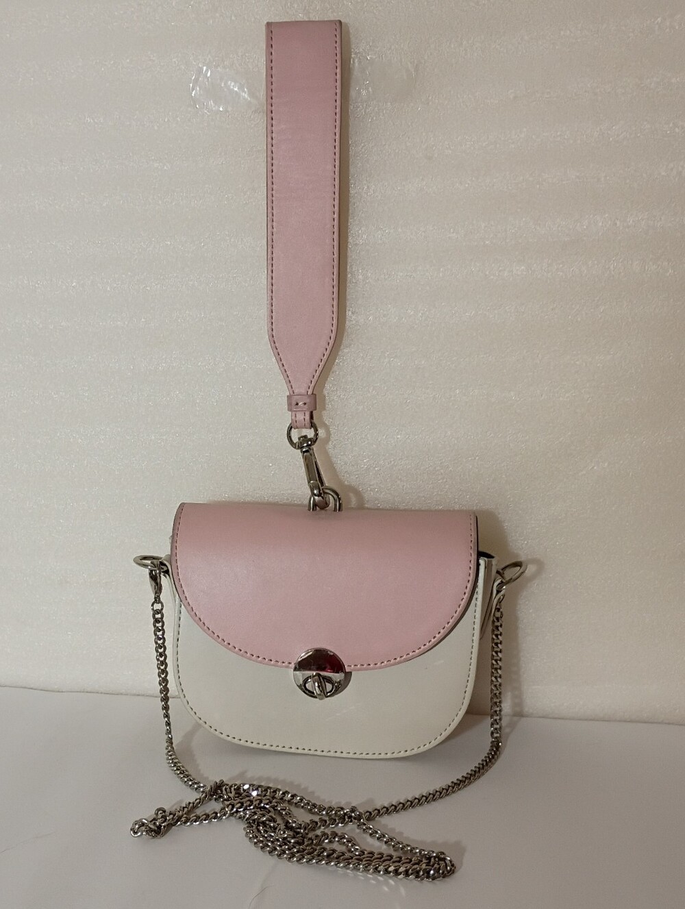 Late Lee Studio Pink and Cream Mini Crossbody Saddle Bag with Chain Strap